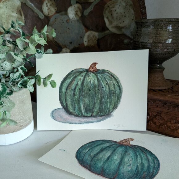 Original Watercolor Dark Green Minimalist Kabocha Squash - Picture 1 of 5